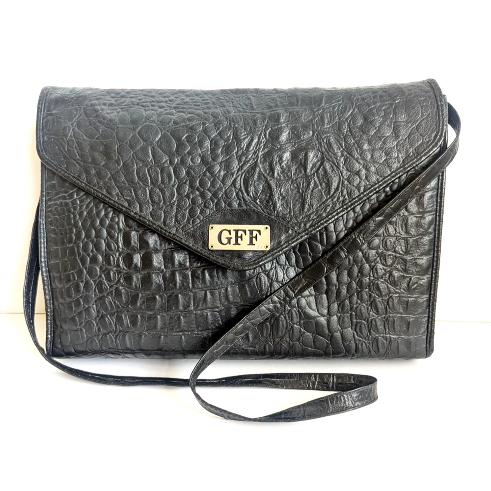 GIANFRANCO FERRE XL Black Crocodile Embossed Leather Clutch Bag Briefcase